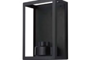 Vancouver modern exterior wall light in matte black featuring a flush mount rectangular design with clear glass panels and an internal E27 lamp holder.