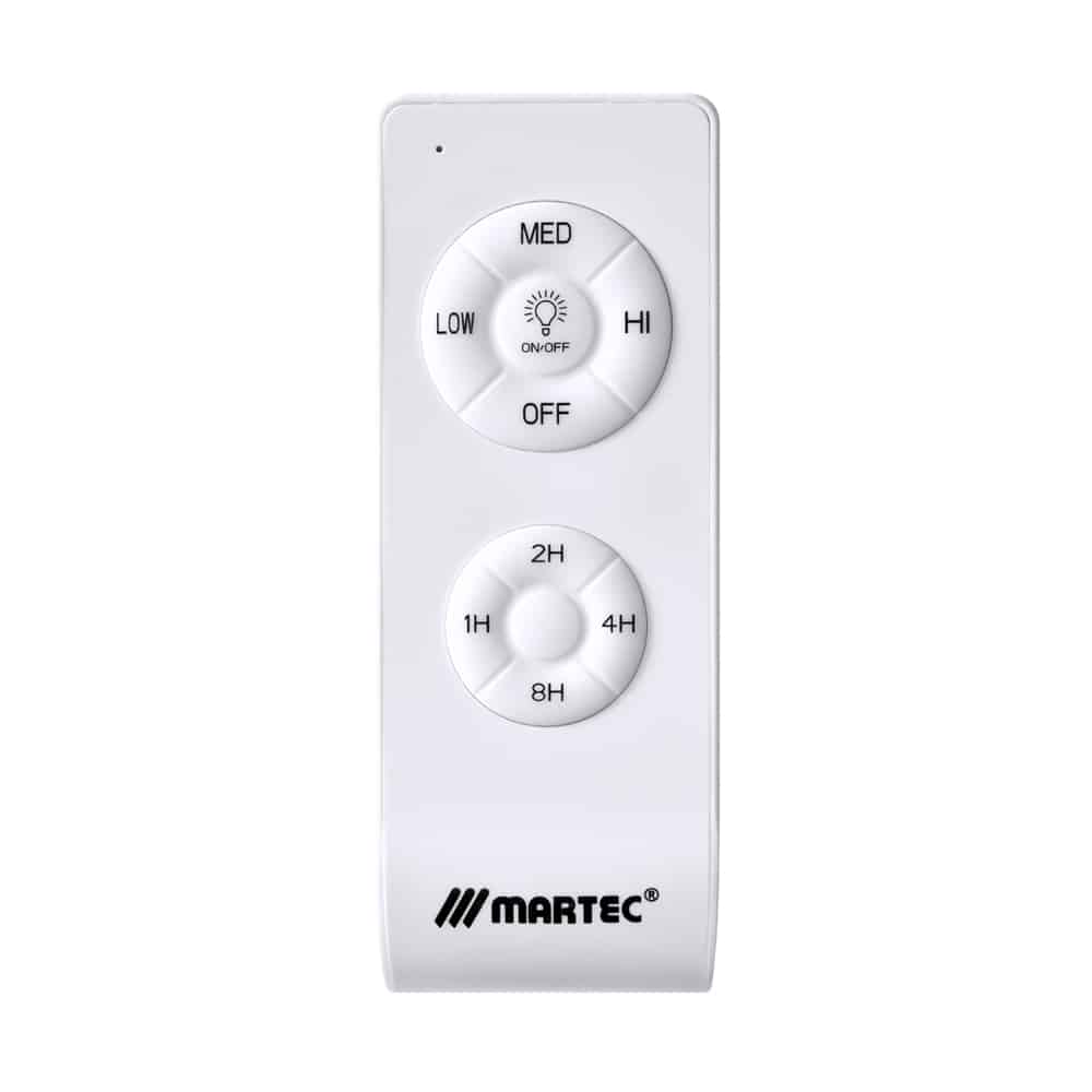 Pulse smart remote control for AC ceiling fans in white, featuring speed control buttons, light toggle, and a matching wall-mount bracket.
