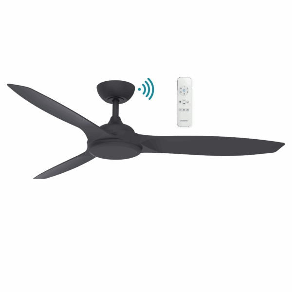 Newport 56-inch DC Smart Ceiling Fan in Matte Black with 3 aerodynamic blades, and WiFi-enabled remote control for smart home integration.