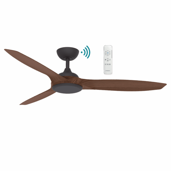 Newport 56-inch DC Smart Ceiling Fan in Black Walnut with 3 aerodynamic blades, and WiFi-enabled remote control for smart home integration.