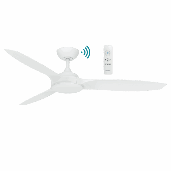 Newport 56-inch DC Smart Ceiling Fan in Matte White with 3 aerodynamic blades, and WiFi-enabled remote control for smart home integration.