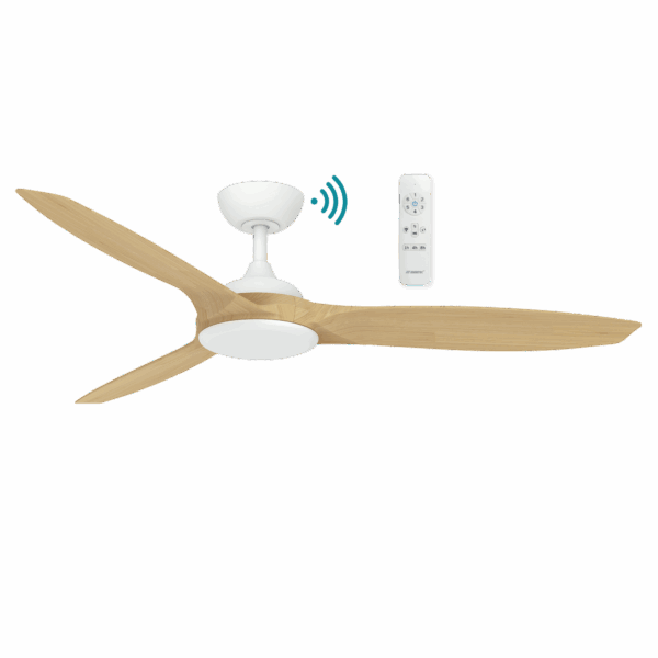 Newport 56-inch DC Smart Ceiling Fan in White Oak with 3 aerodynamic blades, and WiFi-enabled remote control for smart home integration.