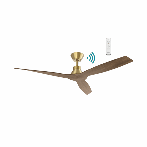 Triumph 3-blade ceiling fan in antique-bronze-walnut, featuring aerodynamic curved blades, a dedicated 6-speed remote control, and a sleek integrated motor housing.