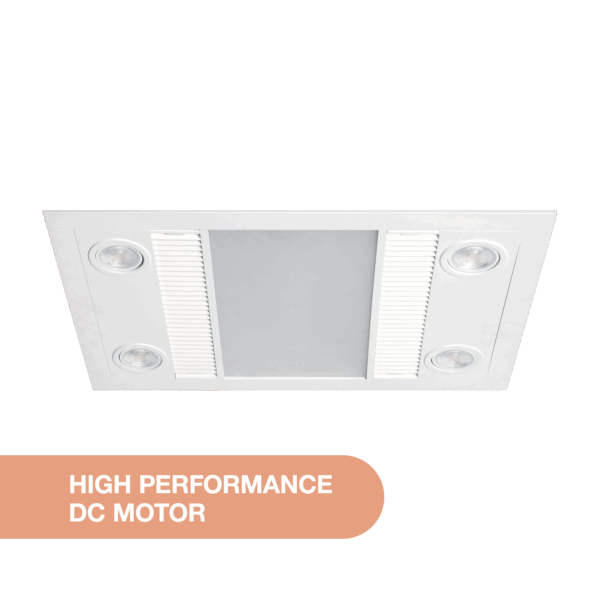 Linux 3-in-1 Bathroom Heater in white, featuring four heat lamps, a central LED light panel, and a high-performance DC motor for efficient extraction and heating