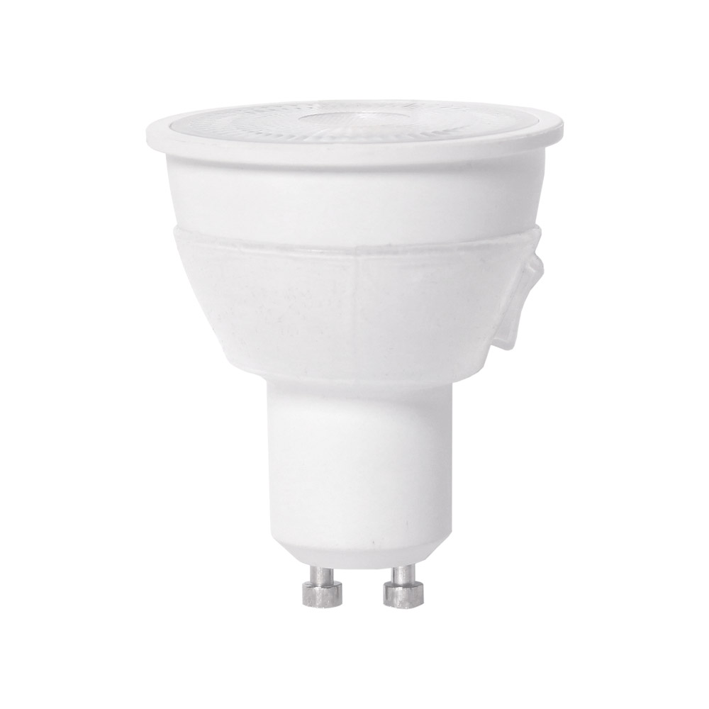 6W GU10 LED replacement lamp for Martec 3-in-1 bathroom units, featuring Tricolour technology (3000K, 4000K, 5000K) and a clear multi-lens cover for focused light distribution