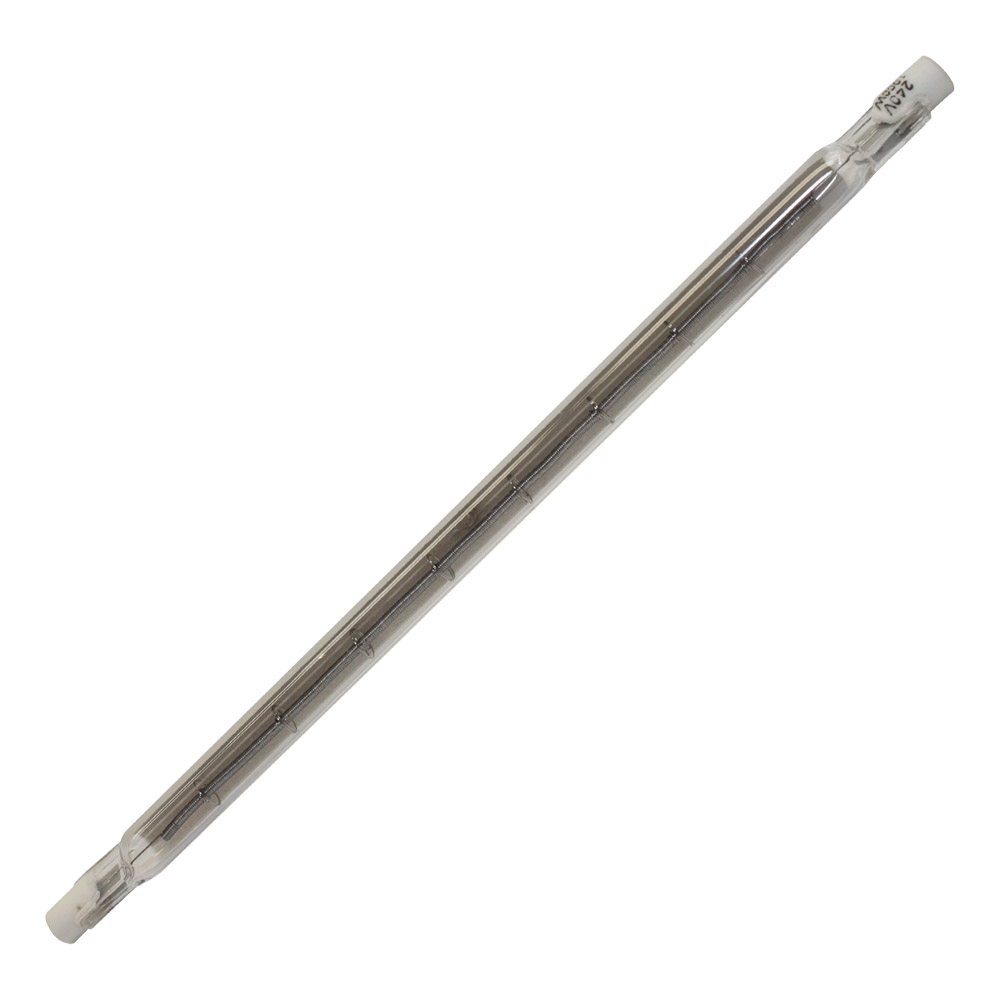 1000W R7s linear halogen heat lamp tube featuring a clear quartz glass sleeve and ceramic end caps, designed for high-intensity radiant heating in 240V bathroom units.