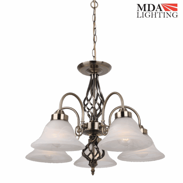 Geneva 1-Light Traditional Pendant in Antique Brass with Pressed Alabaster Glass Shade and Wrought Iron Style Metalwork