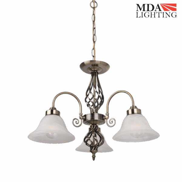 Geneva 1-Light Traditional Pendant in Antique Brass with Pressed Alabaster Glass Shade and Wrought Iron Style Metalwork