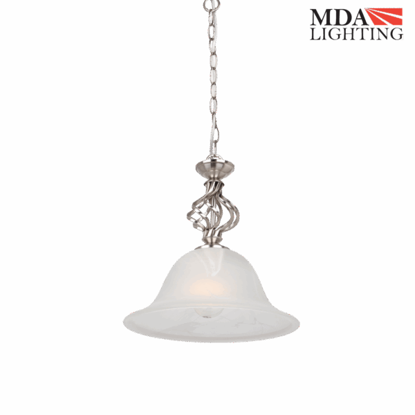 Geneva 1-Light Traditional Pendant in Antique Brass with Pressed Alabaster Glass Shade and Wrought Iron Style Metalwork