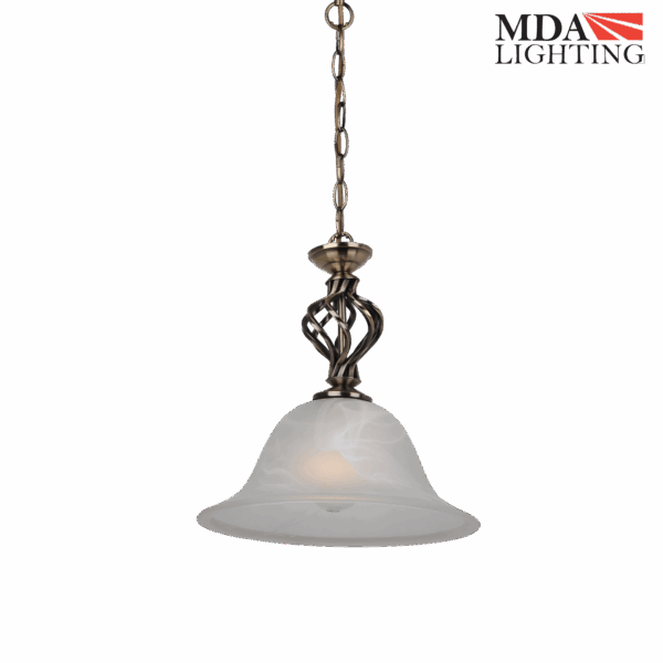 Geneva 1-Light Traditional Pendant in Antique Brass with Pressed Alabaster Glass Shade and Wrought Iron Style Metalwork