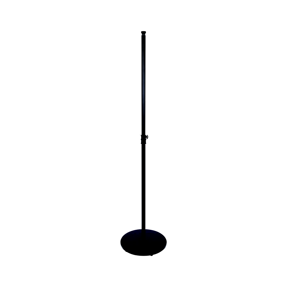 Adjustable height exterior heater stand with weighted circular base in matt black finish