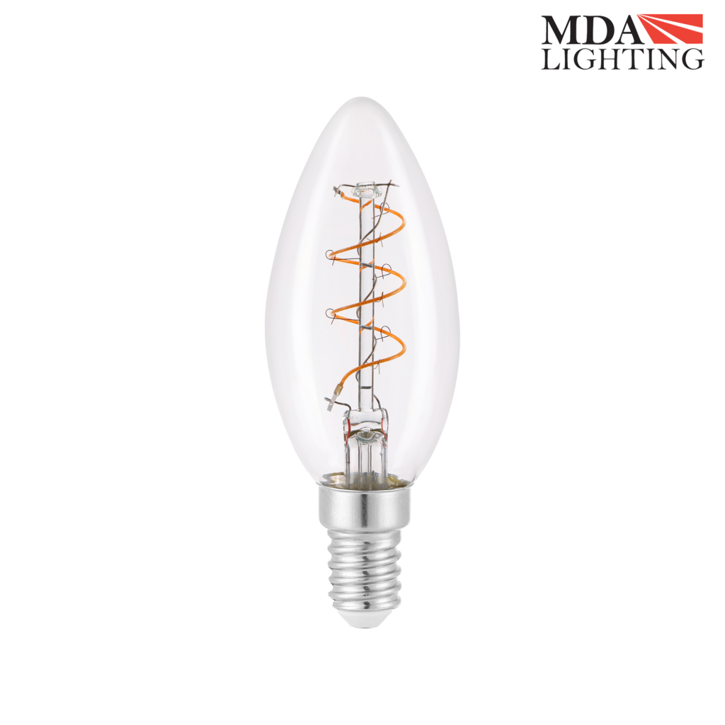 C35 candle vintage LED spiral filament bulb with E14 small Edison screw base and clear glass