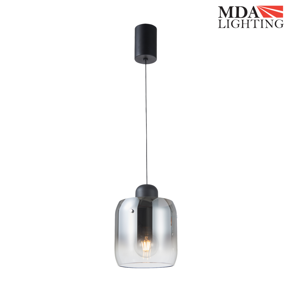 Chelsea 200mm glass pendant light with smoke finish and slim 20mm cylindrical black canopy