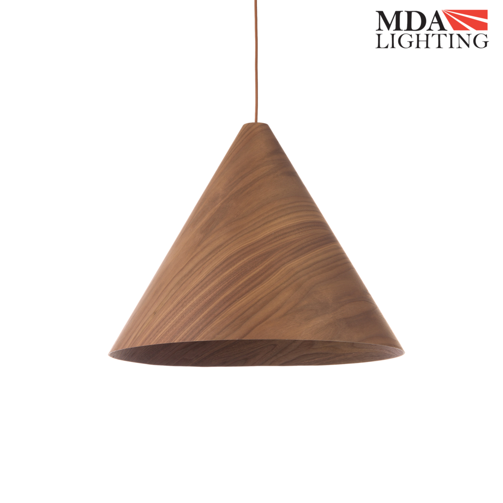 Hugo large walnut timber pendant light featuring a cone shade and modern Scandinavian design.